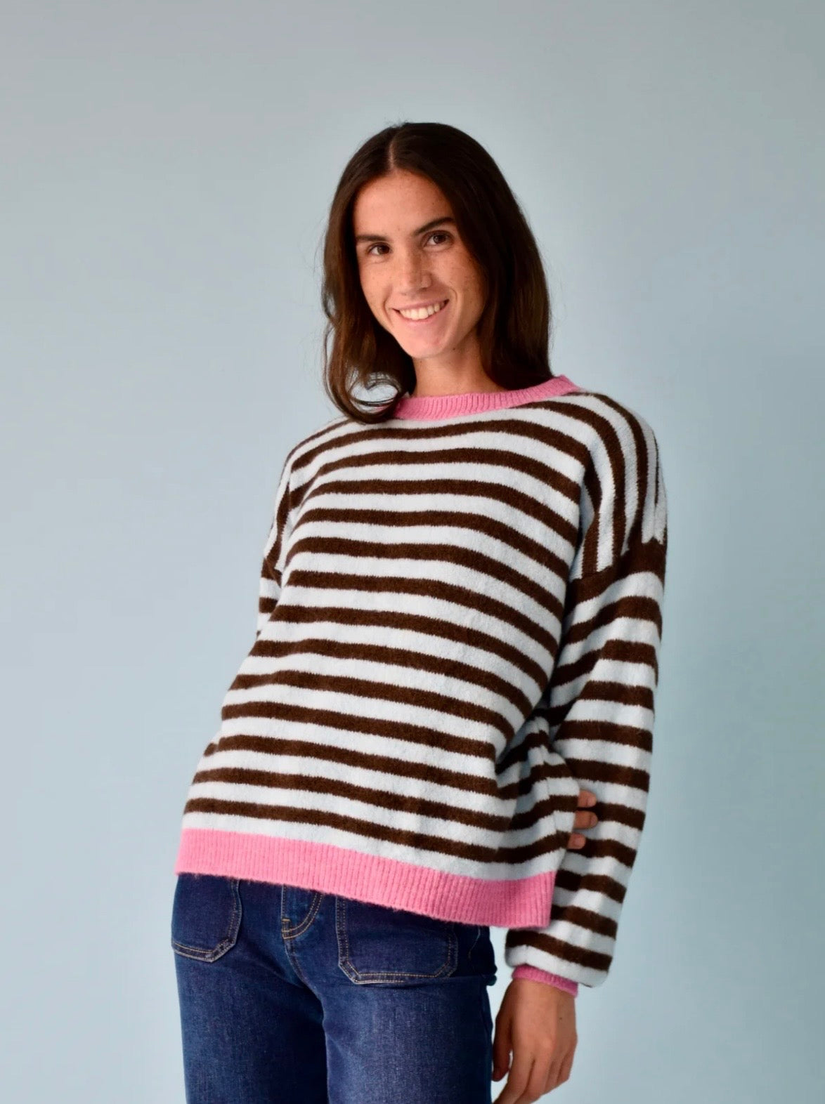 Long Sleeve Brown Blue and Pink Knit Sweater