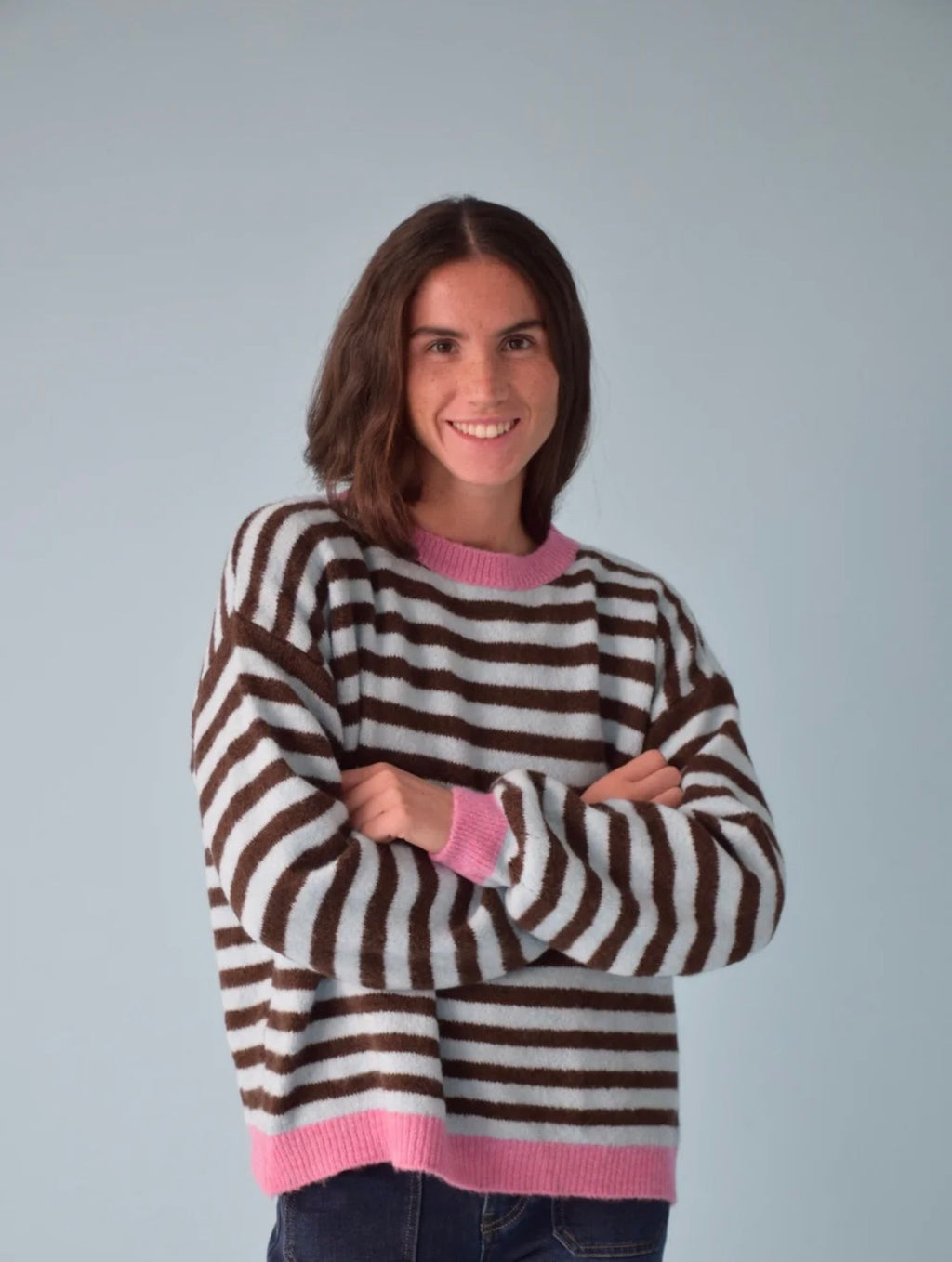 Long Sleeve Brown Blue and Pink Knit Sweater