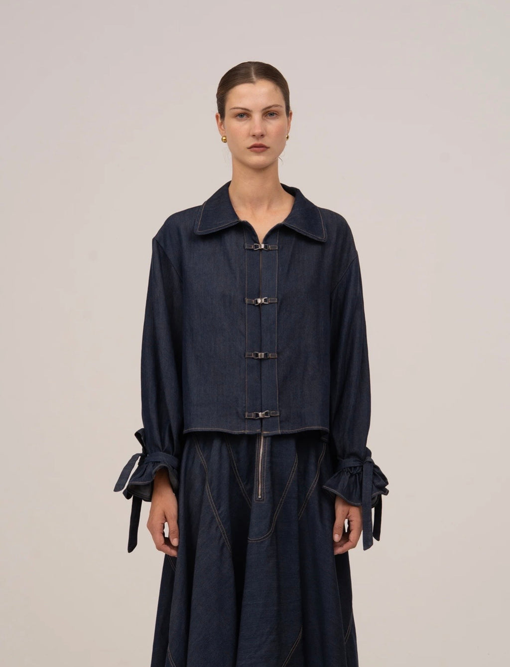 Denim Ribbon Sleeves Shirt
