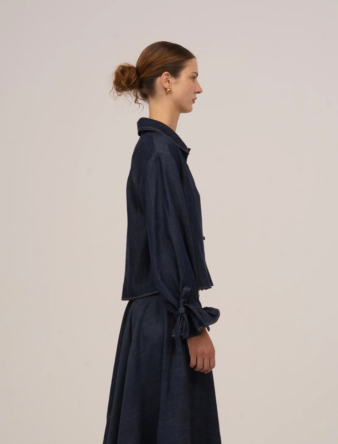 Denim Ribbon Sleeves Shirt